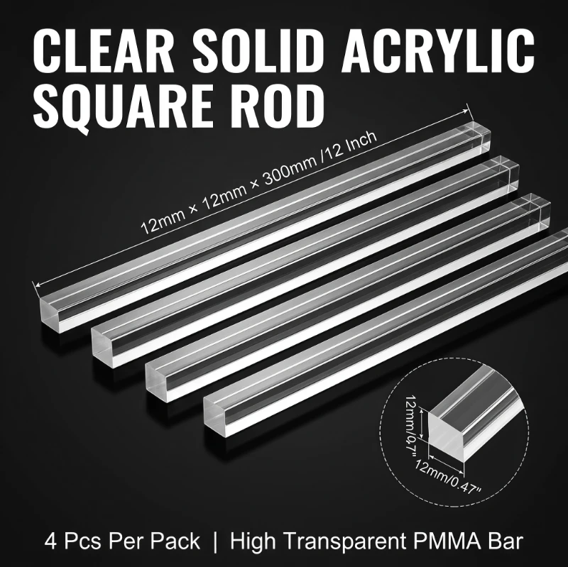 

Clear Solid Acrylic Square Rod 12mm 15mm PMMA Square Strip Transparent Organic Glass Square Bar Decor Column Custom Cut Size for