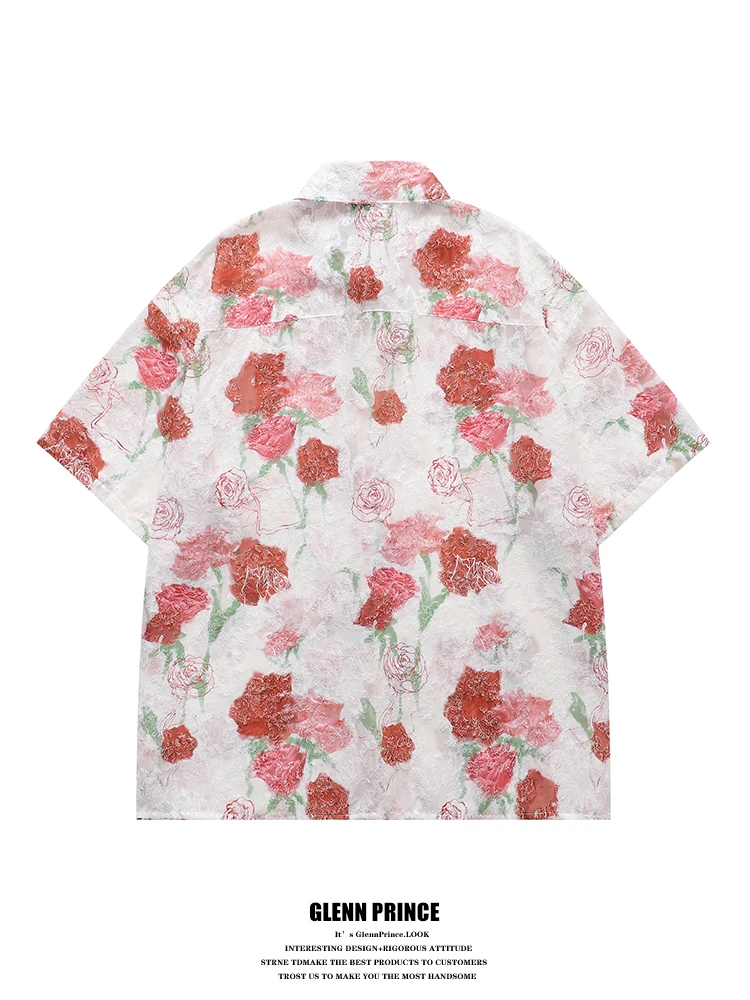 Casual Rose Print Short Sleeve Men's Shirt Summer Tassel Design Couple's Shirt Loose Fit Polyester Fiber No Iron Treatment