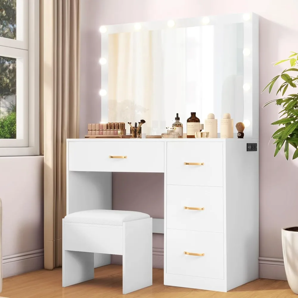 

Makeup Vanity with Lighted Mirror, Power Strip, Adjustable Lighting, 4 Drawers, and Cushioned Stool for Bedroom, Dressing Room