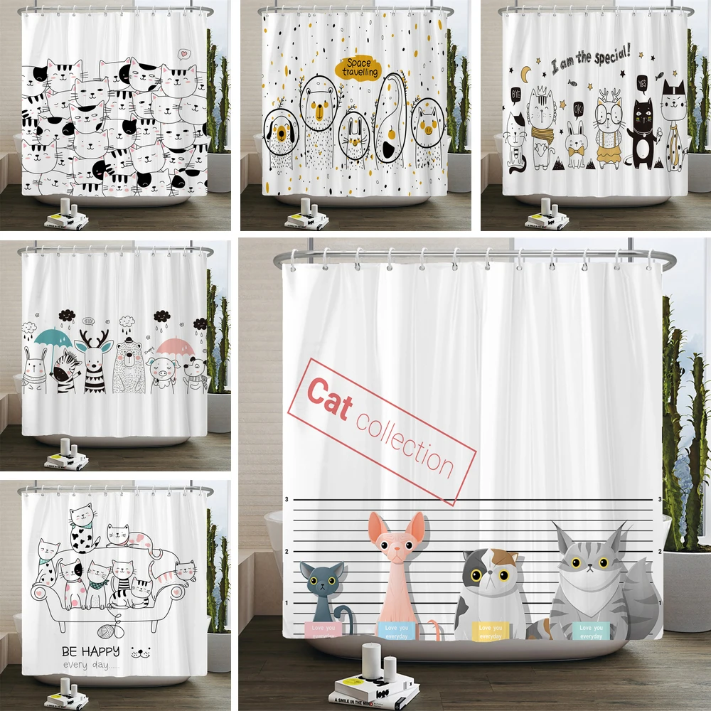 Cute Cat and Dog Shower Curtain Cartoon Painting Watercolor Baby Room Decor Curtain Modern Fabric Bathroom Curtain 180x180cm