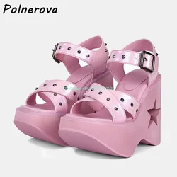 Five pointed star hollow out sandals cross tied rivet platform wedges solid fashion shoes hotties street photo sweet cool shoes