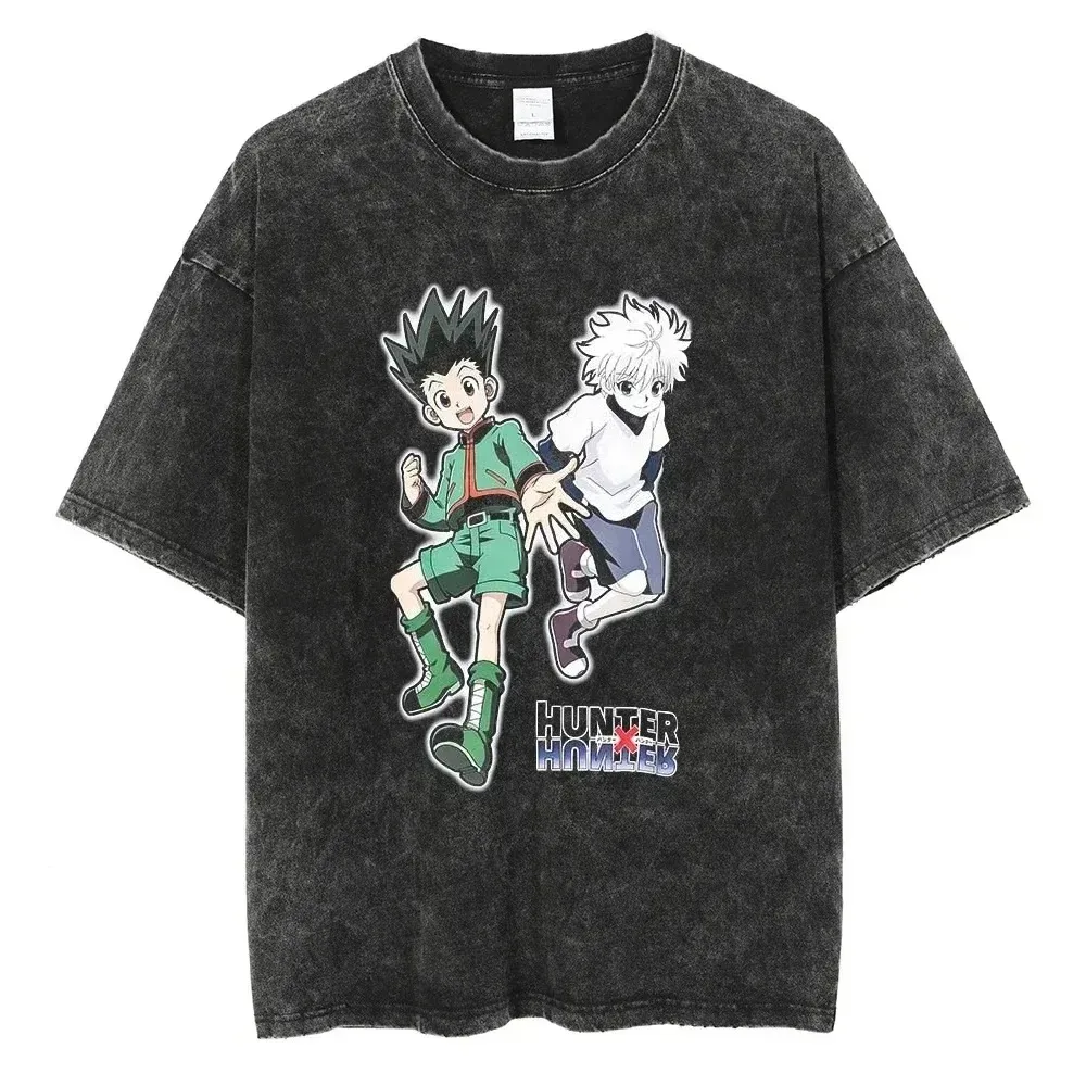 New Hip Hop Washed T-Shirt Hunter X Hunter Anime Printed Men Vintage T Shirt Cotton Summer Short Sleeve Tshirt Harajuku Top Tees