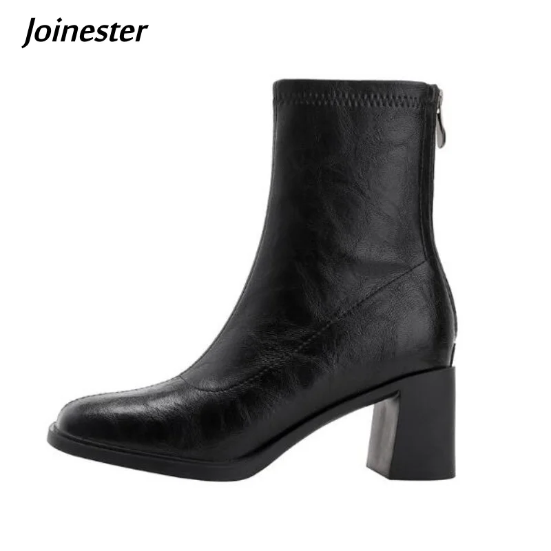 

Square Toe Pure Color Ankle Boots for Ladies Chunky Heel Short Plush Fahsion Booties Autumn Winter Footwear with Back Zip