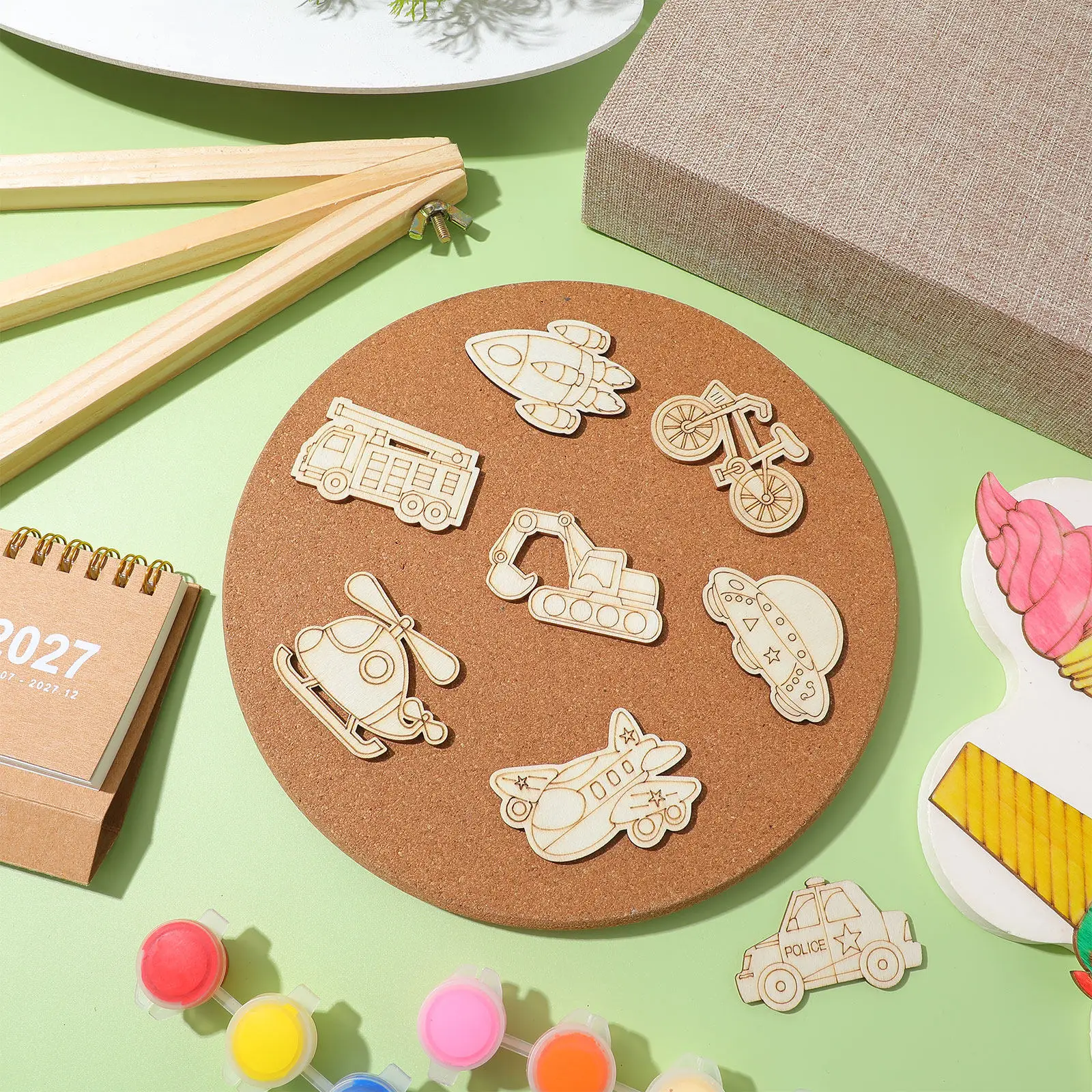 100Pcs Wooden Vehicle Cutouts Unfinished Smooth Surface DIY Decoration Painting Bicycle Airplane Train Shapes