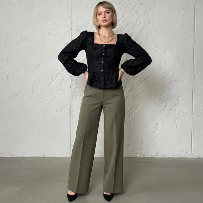 

Women's Vintage Jacquard Blouse Square Collar Puff Sleeve Slim Fit Elegant Fabric Ruffled Tunic Top For Daily Office Party Wear