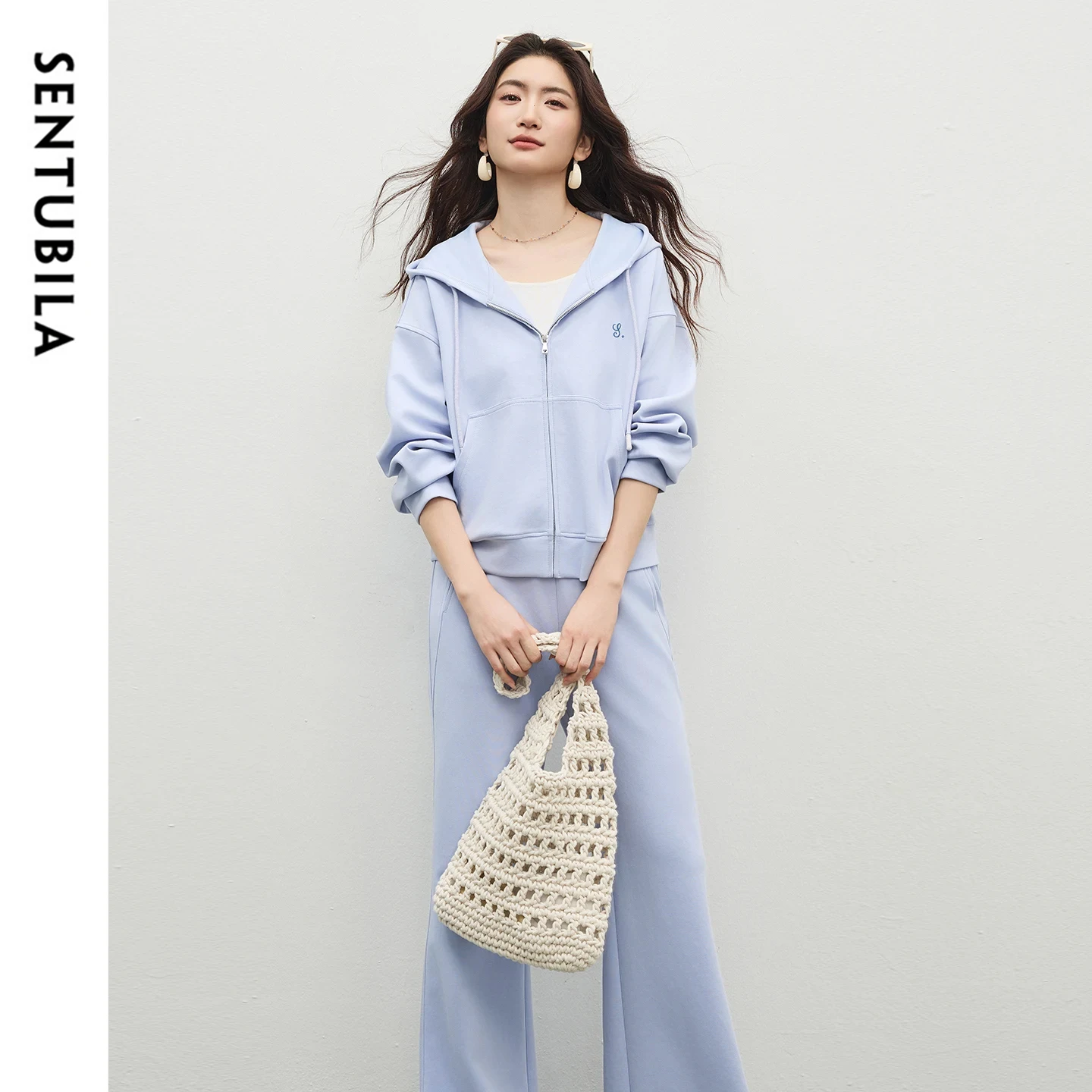 SENTUBILA Women's Casual Tracksuit 2026 Spring Hoodie Embroidery Zip up Jacket Loose Flared Pant 2 Piece Trouser Set 161ZC6614