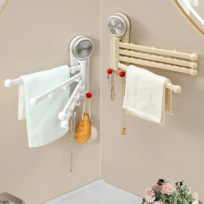 Wall Mounted Drain Stand Kitchen Storage Sheif Hanging Rod Bathroom Rotating Sucker Towel Rack Cloth Drain Holder Multi Link