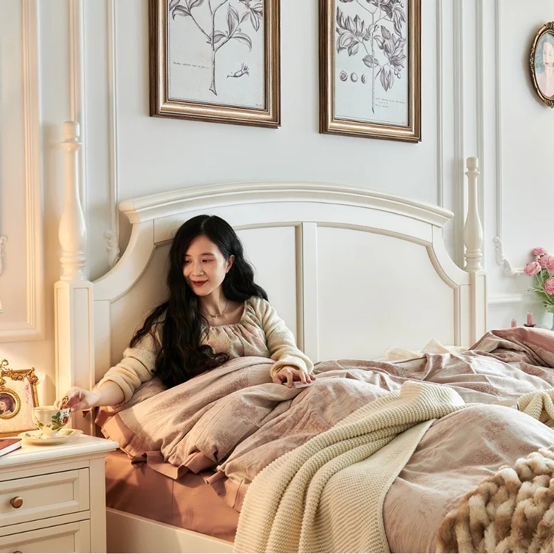 White cream wind all solid wood bed French American 1.5 meters 1.8 meters double bed Bedroom furniture