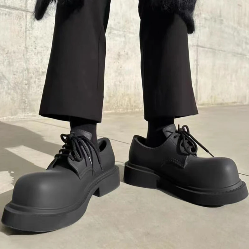 Derby Shoes For Men And Women 2023 New British Style Lace-Up Black Small Leather Shoes Women's Round Toe Thick Heel Shoes Simple