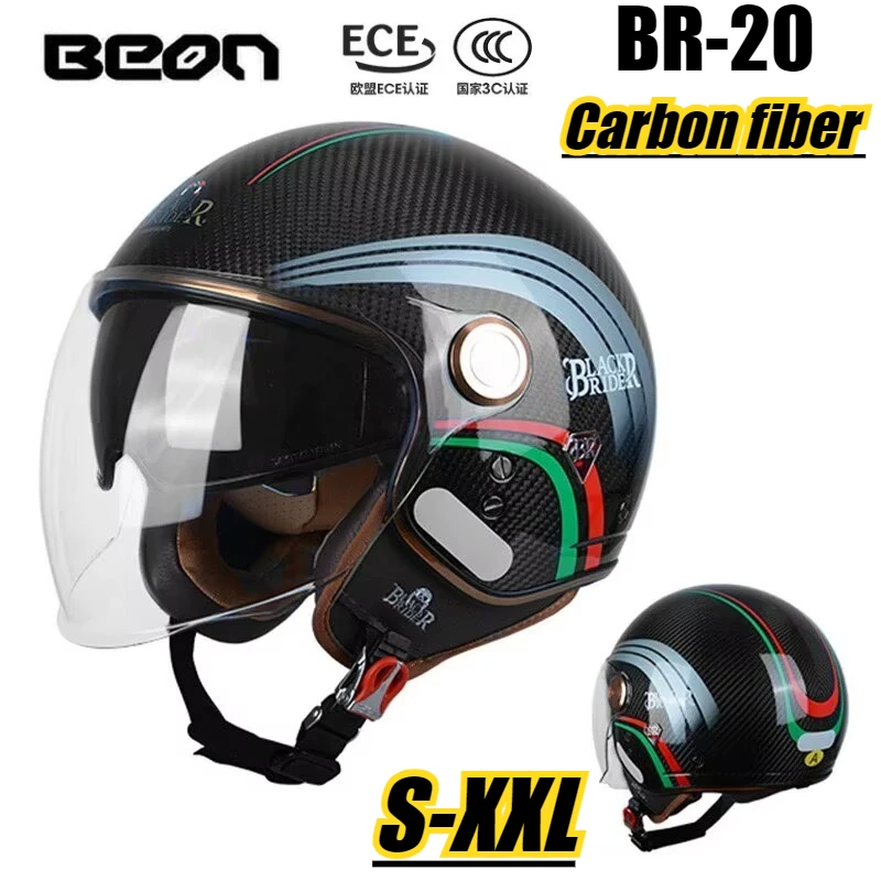 

BEON BR-20 Carbon Fiber 3/4 Retro Half Helmet Open Face Motorcycle Vintage Double Lens Helmet Casque Moto Casco Capacete