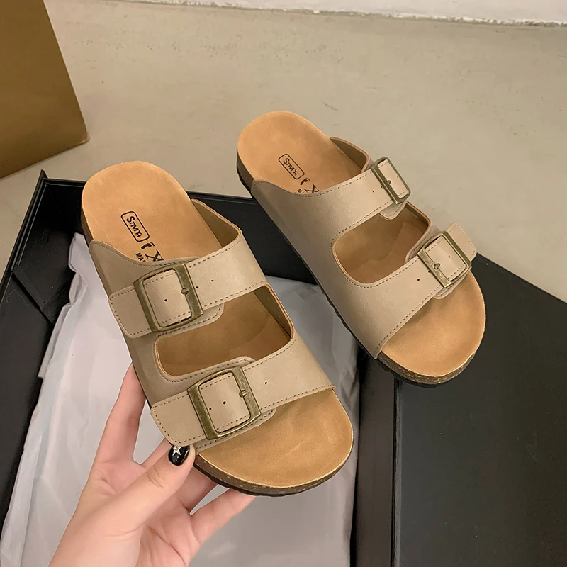 2024 New Summer Women\'s Cork Slippers Casual Beach Double Buckle Non-slip Outside Nubuck Leather Slip on Slides Shoe for Women