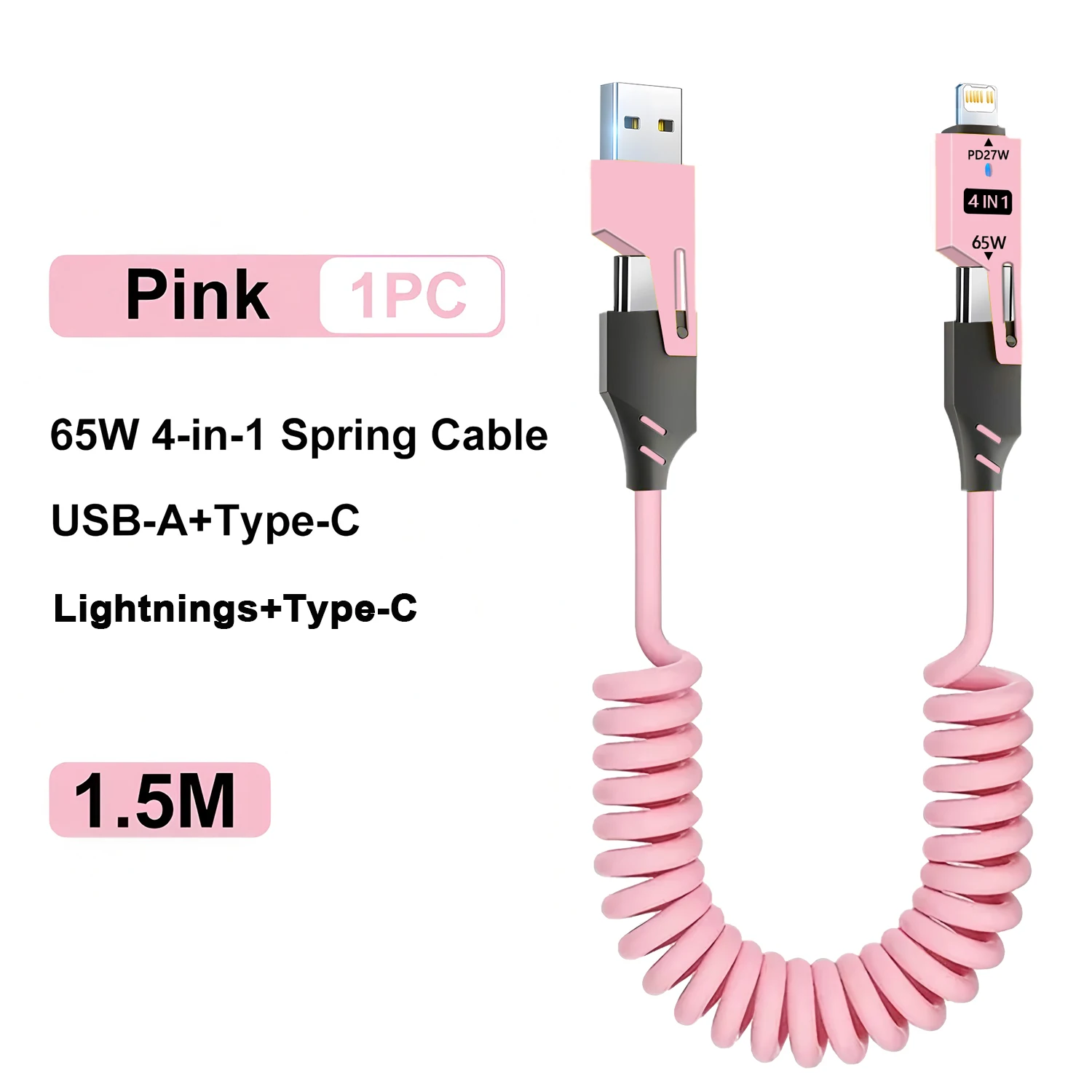 Cable USB C en espiral 4 en 1 para coche [240W de carga rápida] USB C a L/Tipo C/USB A Cable cargador para iPhone15 14 13 12 /iPad Android