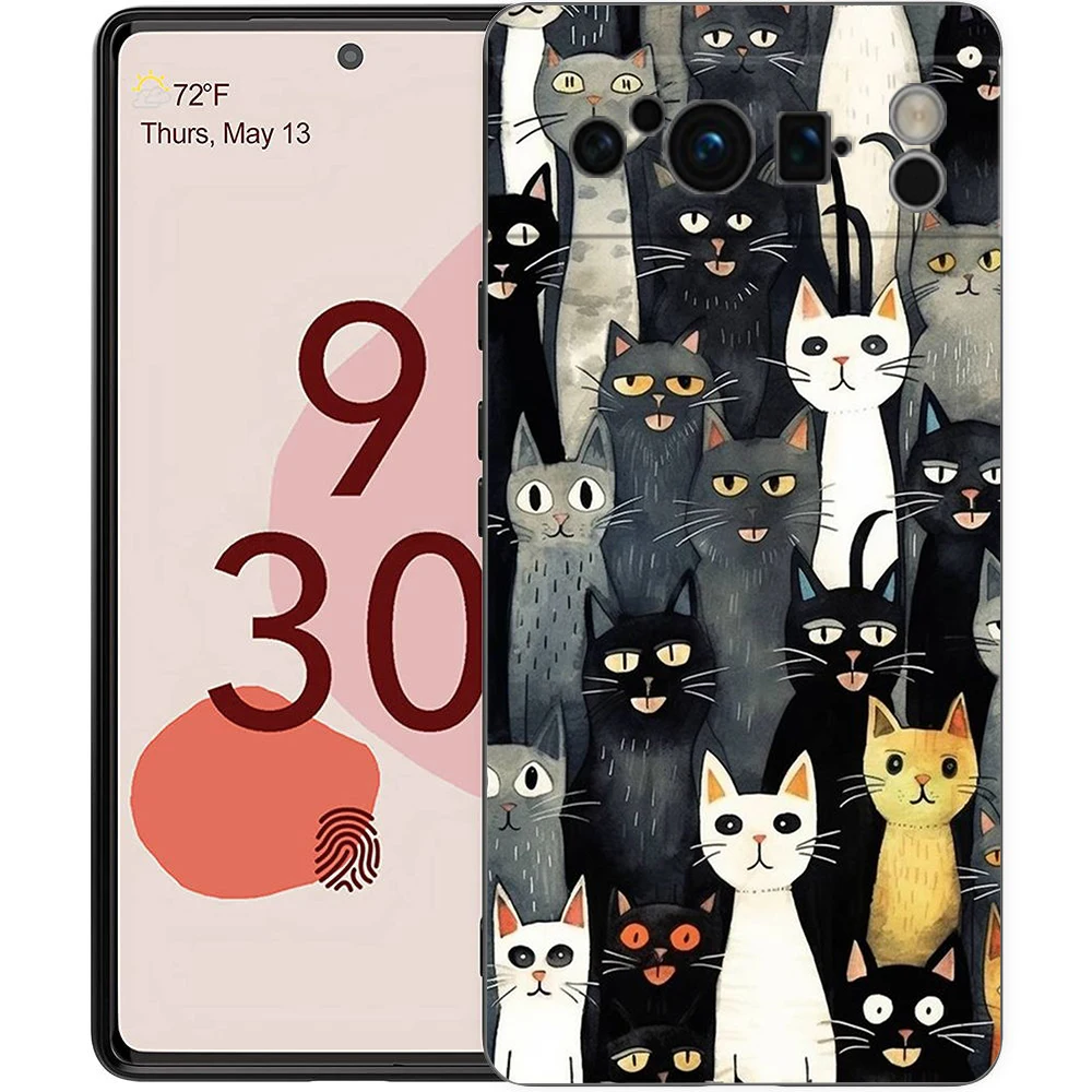 Phone Case For Google Pixel 8 7 6 Pro 8A 7A 6A TPU Shell Soft Silicone Shockproof Black Cover Cat-Printed