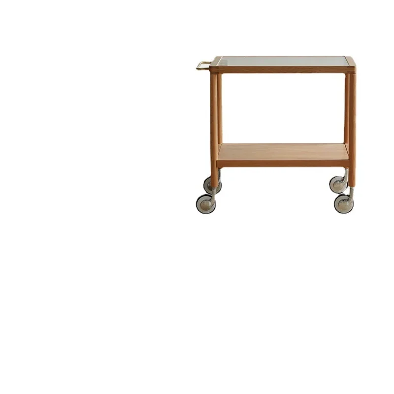 wood trolley, solid wood mobile small coffee table, wheeled log teapot table, corner table on the side of the tea table sofa