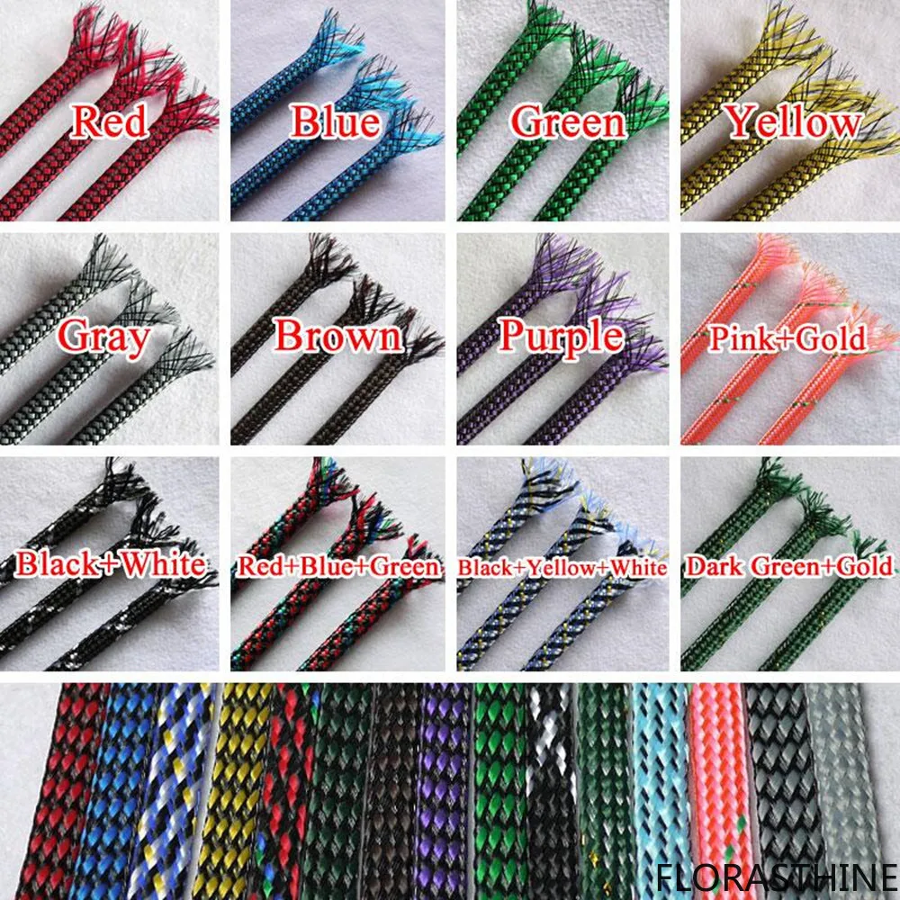 4MM 8MM 12MM Mixed Multicolor PP Cotton Yarn + PET Black Flat Braided Sleeves Expandable Cable Wire Sleeving 10M/1LOT