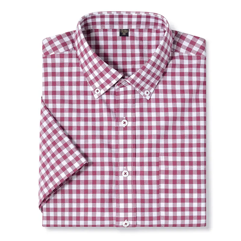 Summer new short sleeve 100% cotton plaid Oxford men\'s breathable business casual all-fit shirt free ironing high quality