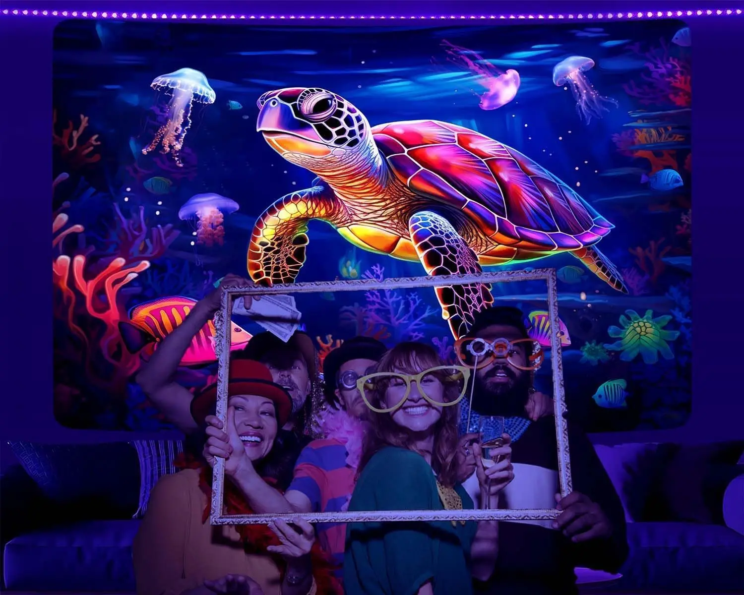 Colorful Sea Turtle Wall Tapestry Neon Ocean Art Purple Jellyfish Coral Reef Decor Boho Bedroom Living Room Hanging