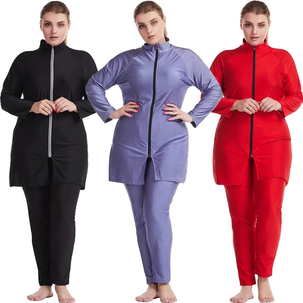 Muslim Women Full Cover Burkini 3PCS Hijabs Tops Pants Long Sleeve Solid Color Swimsuits Swimming Bathing Beach Wear Plus Size