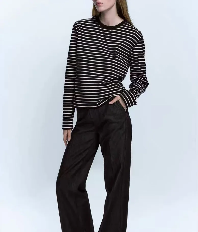 2024 MD Women's Striped Gradient Knit Base Shirt Loose Sporty Long Sleeve Top Commute Style Regular Length Fashionable