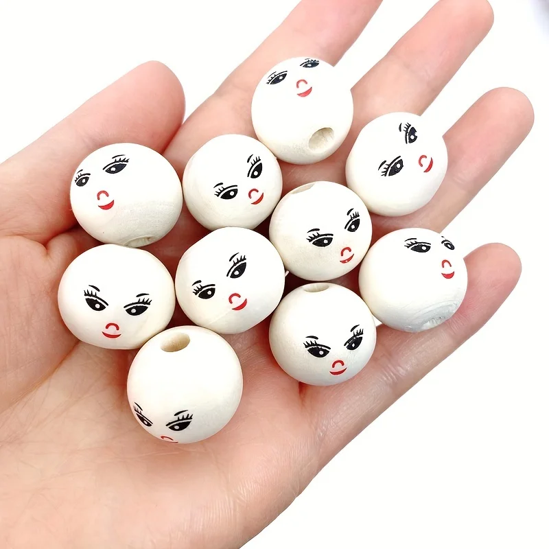 30pcs Round Balls Spacer Wooden Beads Smile Pattern Wood Beads For Making DIY Handmade Accessories