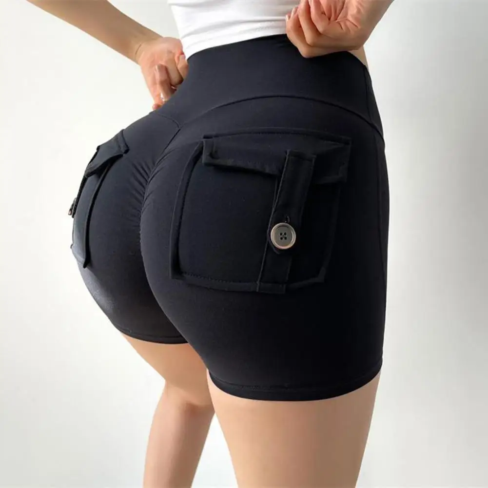 

Solid Color Pockets Yoga Shorts Ruched Wide Waistband Seamless Women High Waist Hip Lifting Gym Shorts Activewear