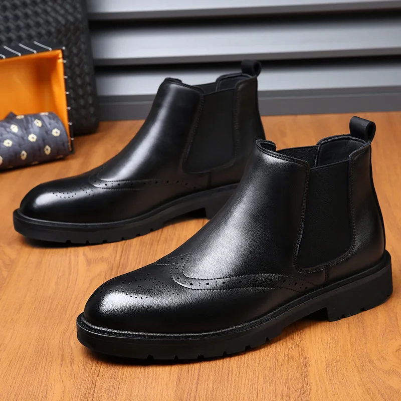 British style Chelsea short boots for men  with suede and block carved business high top leather boots