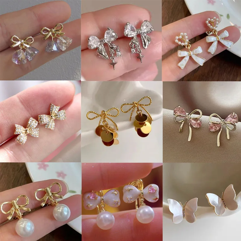 Sweet Bow Clip on Earrings for Women No Piercing Trendy Rhinestone Crystal Pearl Butterfly Ear Clips Fashion Party Jewelry Gifts