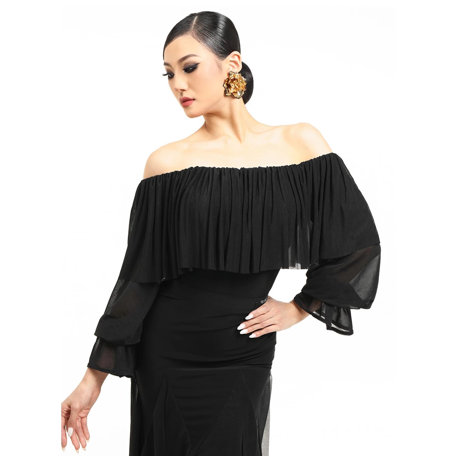 قارب الرقبة اللاتينية الرقص القمم النساء قاعة الرقص الملابس الفالس رومبا أداء الرقص الملابس السوداء اللاتينية ملابس رقص الجمباز BL16827