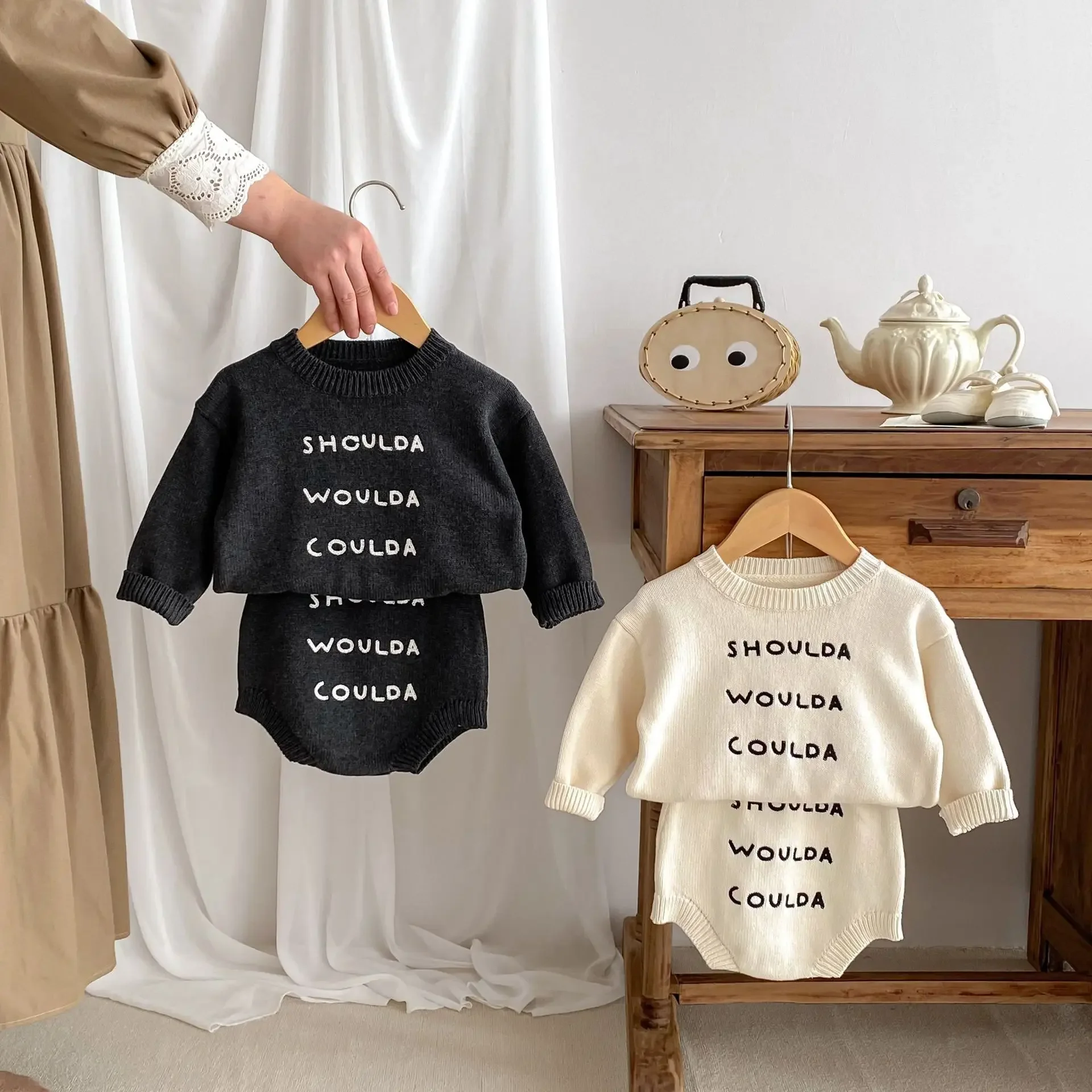 Spring Clothing and Baby Sweater Set for Boys and Girls Letter Embroidered Woolen Long Sleeved Shirt+ Bread Shorts Kids Suits