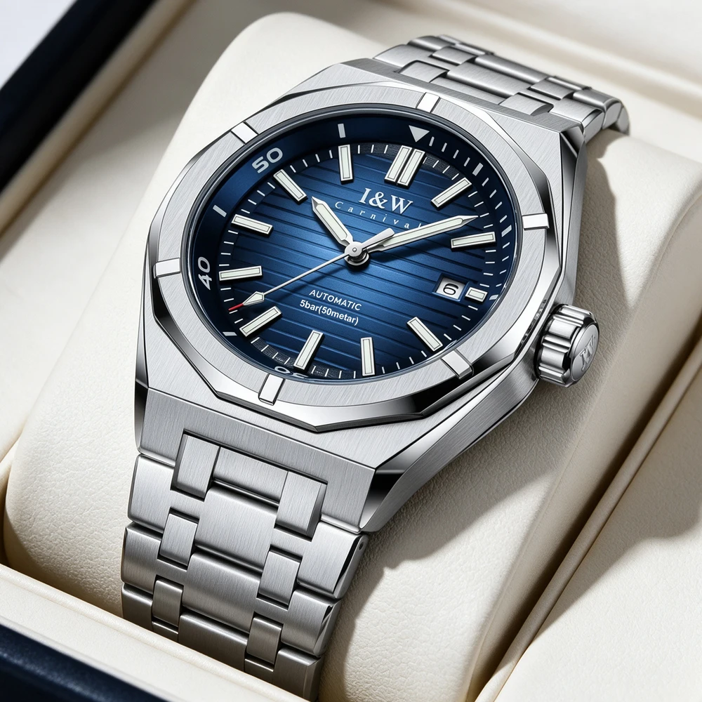 IW Men Automatic Mechanical Watch Octagonal Steel Case Date Display 50M Waterproof Luminous Sport  Male Wristwatch Relogio