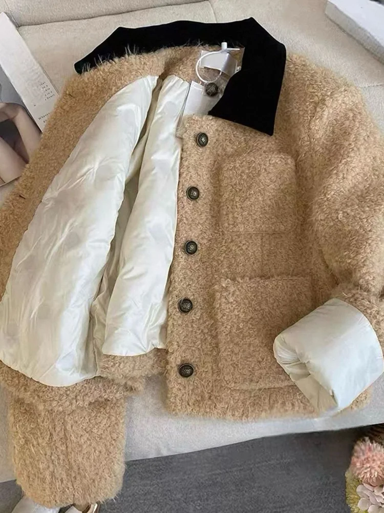 

Vintage Warm Faux Lamb Jacket Women Long Sleeve Slim Sweet Coat Retro Solid Korean Elegant Female Winter Thick Cute Outwear New