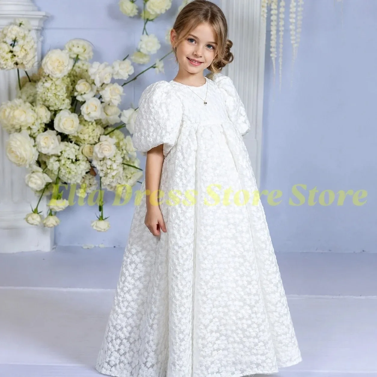 Weißes Blumenmädchenkleid mit Ballonärmeln für Hochzeiten, Ausgeschnittenes Spitzenkleid, Langes Prinzessinnenkleid für Kinder, Festkleid für Erstkommunion, Großhandel – Detail 1