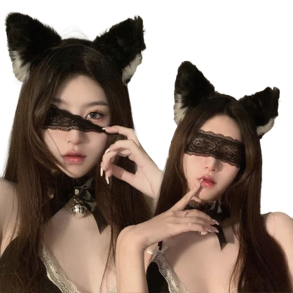 

Lolita Animal Cat Fox Ear Hair Band Lace Eye Mask Bells 3Pcs Sexy Erotic Costume Decoration Set Masquerade Performance Accessory