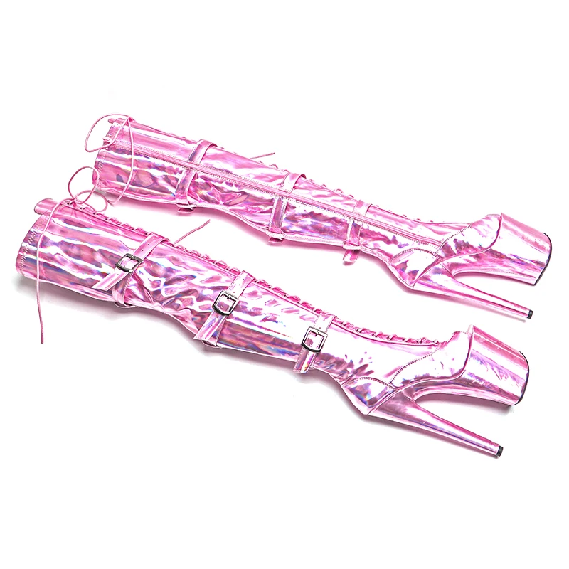 Leecabe  20CM/8inches holographic shiny  PU open toe Trendy fashion  High Heel platform party stripper heel Pole Dance boots