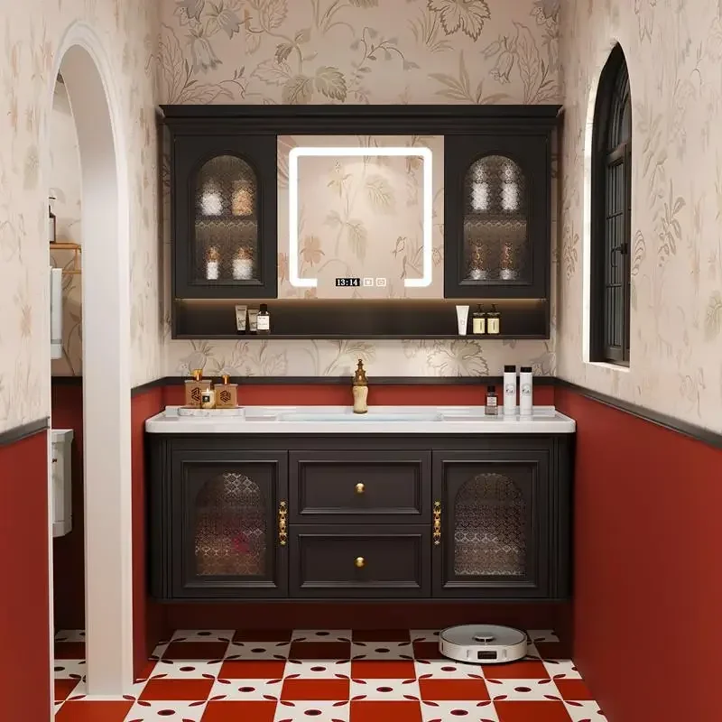 Luxury Door Bathroom Cabinet Retro Wooden Hidden Set Bathroom Cabinet Minimalist Sink Armario Shower Gabinete Hotel Furniture