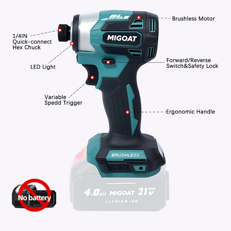 4-Speed Brushless Impact Screwdriver, 1/4" Hex Quick-Chuck Drill Driver with LED Worklight, For Makita 18V-21V Battery