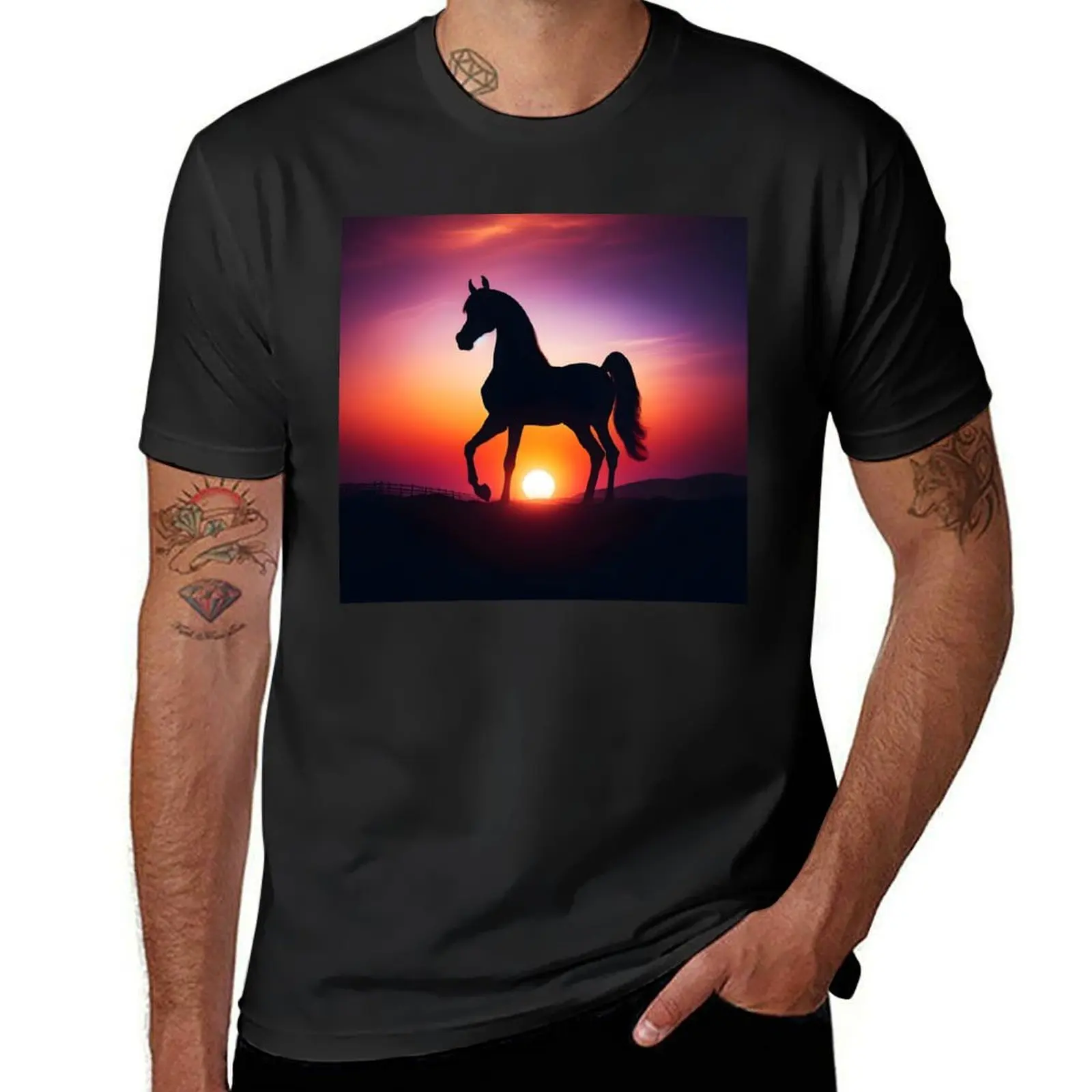 

Arabian horse Sunset silhouette T-Shirt korean fashion quick-drying kawaii clothes mens funny t shirts