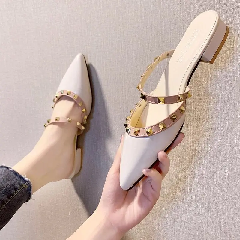 Women High Heels Slides Outer Wear 2022 Summer Women Sandals New Style Rivets Fashion Pointed Thick Heel Toe Slides Women
