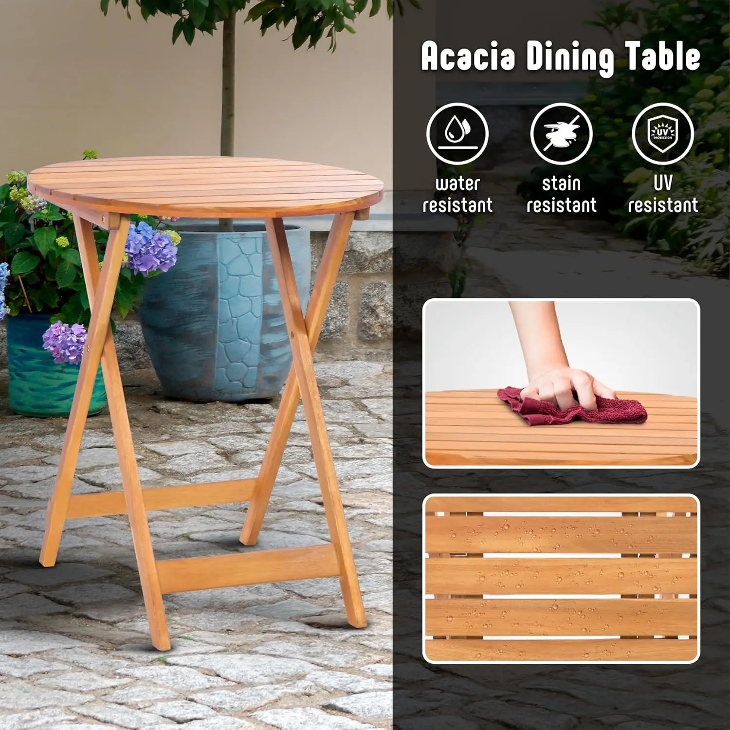 Foldable Acacia Wood Patio Set with Cushions, 2 Chairs and Table for Balcony or Porch