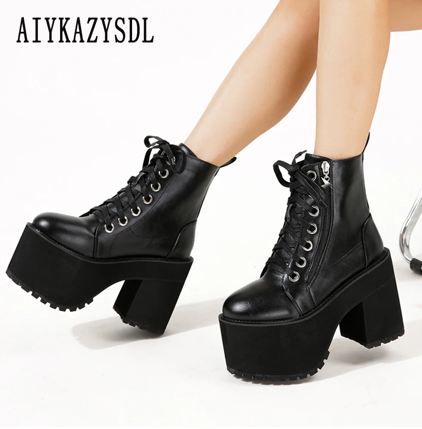 

AIYKAZYSDL Autumn Spring Women Ankle Boots Platform Thick Block Heel Knight Boots Cosplay Booties Casual Motorcycle Shoes Girl