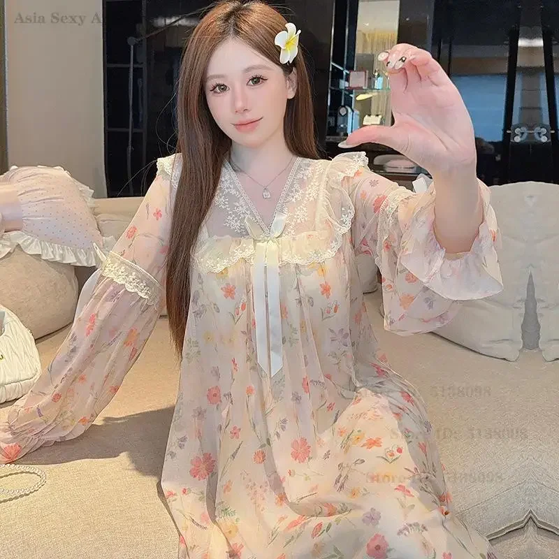 

Новая женская ночная сорочка с V-образным вырезом и длинным рукавом, весенне-летняя домашняя одежда, пижама, ночное белье с принтом, домашнее платье, лонгслив