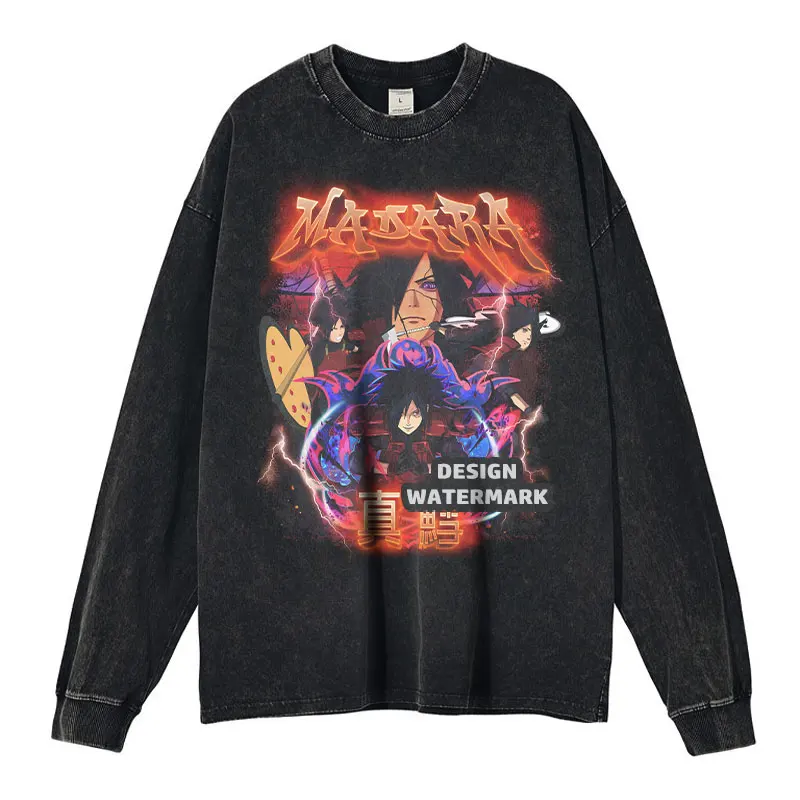 

Футболка с длинными рукавами аниме N-Naruto Uchiha Madara, винтажная стираная толстовка Itachi Sasuke Lee большого размера для мужчин и девочек, 100% хлопок