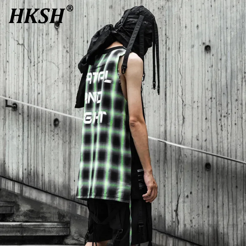 HKSH Spring Summer Niche Design T-shirt Sleeveless Vest Plaid Patchwork Fabric Trendy Men's Tide Dark Fashion Tank Tops HK0399