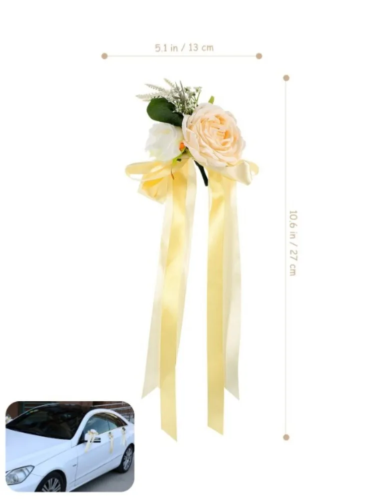 2PCS Rose Rearview Mirror Flower Present Ribbon Light House Decorations Wedding Car Bride Props Wedding Aisle Chair Decorations