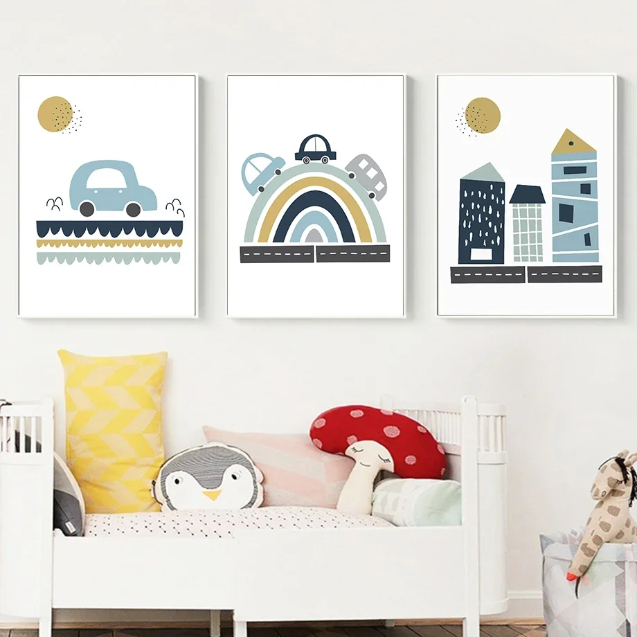 

Cartoon Car Rainbow Track House ABC Wall Art Canvas Kids Room Decor Nordic Posters Nursery Pictures Boys Decorative Art
