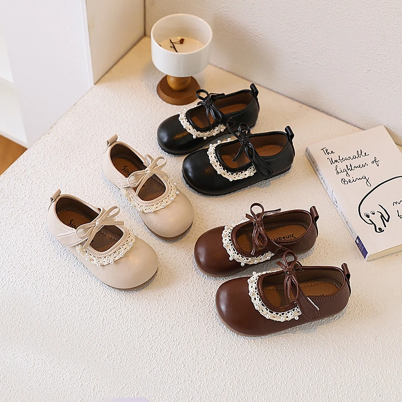 

Кожаная обувь для девочек, весна-осень 2023, новая модная детская обувь принцессы с кружевом и бантом, элегантная нескользящая детская обувь