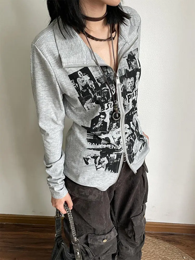 Vintage Street Style Subculture Long Sleeve T-Shirts for Women | Gothic Harajuku Y2K Clothing | Punk Emo Design Zipper Jacket