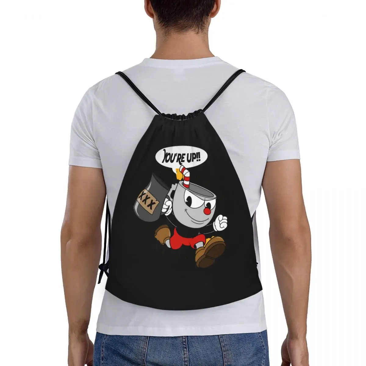 Cuphead Drawstring Backpack Women Men Gym Sport Sackpack Portable Cartoon Game Shopping Bag Sack