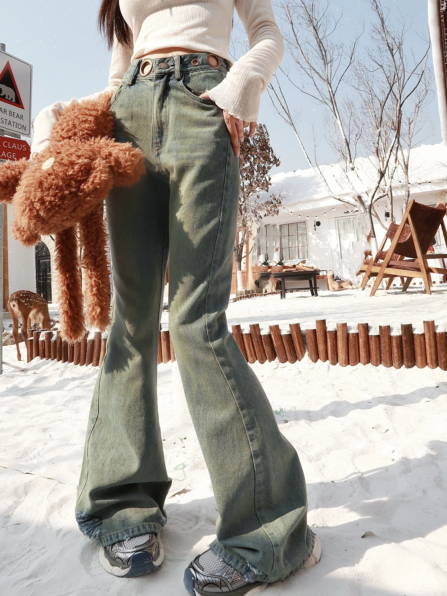 

Vintage Washed Earth Store Jeans High Waist Bell Bottoms Slimming Design Women's Cotton Denim Pants Tear Hole Detail