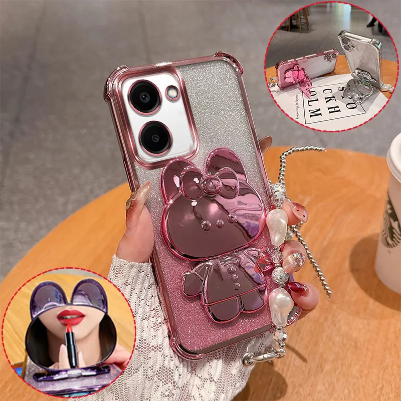 Coque de téléphone mignonne et tendance avec support miroir 3D lapin pour Vivo Y03 Y03t Y18 Y28 Y28e T3 Lite, anti-chute, avec chaîne de perles et paillettes